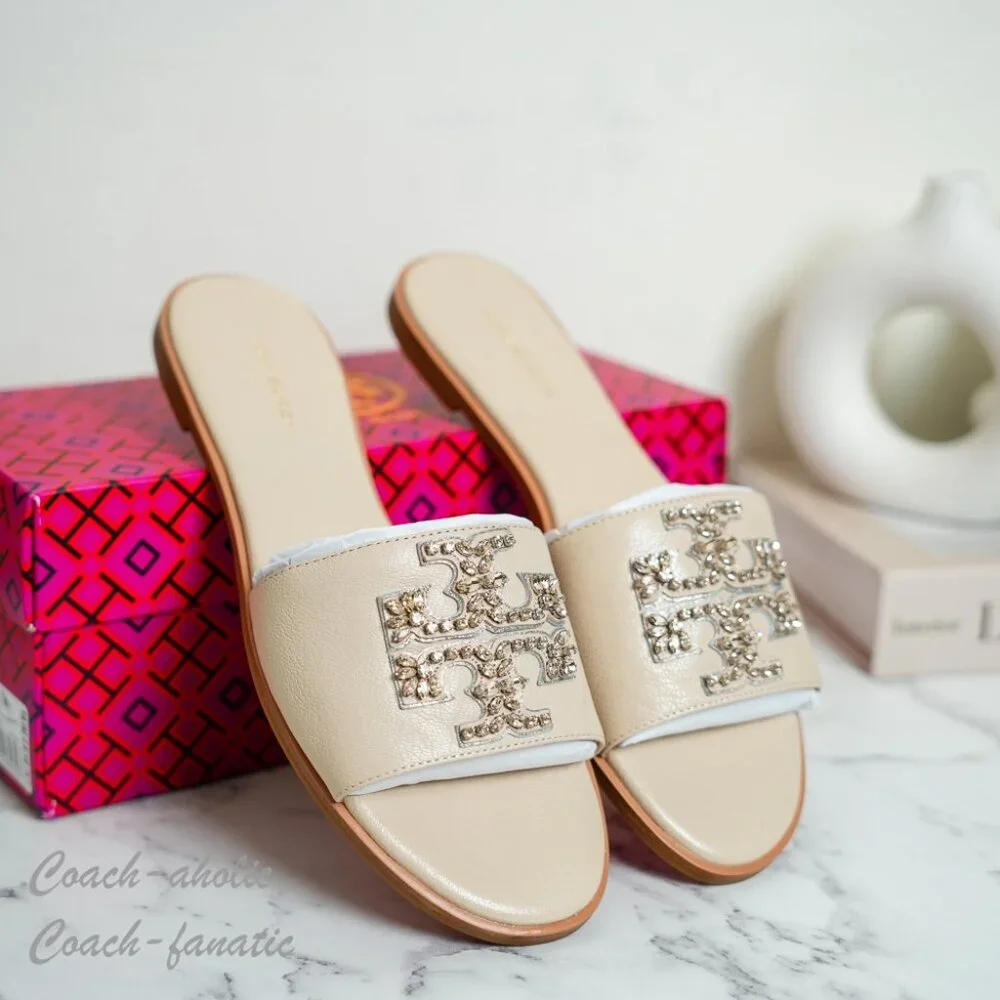Tory Burch Everly Embellished Crystal Logo Flat Slide Sandal